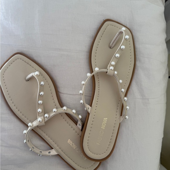 Fashion Nova Shoes - Fashion Nova Pearl-Studded Sandals - Beige